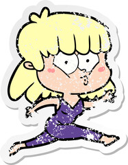 distressed sticker of a cartoon woman running