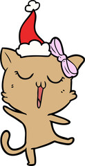 line drawing of a cat wearing santa hat