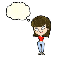 cartoon confused woman with thought bubble