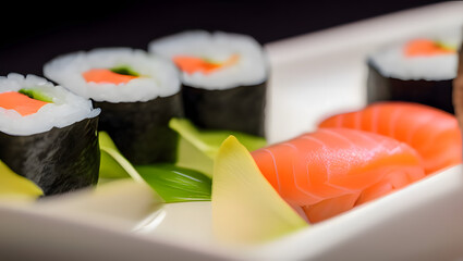 A close-up of a beautifully presented and delicious-looking sushi platter, with sharp details and perfect lighting with Generative AI