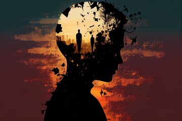 Mental health, depression, sadness, loneliness creative abstract concept. Head silhouette with depression illustration idea inside. Mental illness. - obrazy, fototapety, plakaty