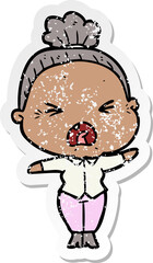 distressed sticker of a cartoon angry old woman