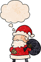 cartoon santa claus and thought bubble in grunge texture pattern style