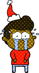 comic book style illustration of a crying man wearing santa hat