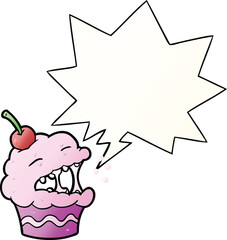 funny cartoon cupcake and speech bubble in smooth gradient style