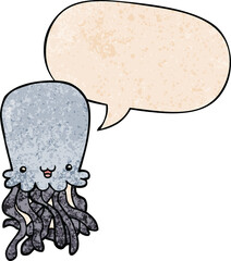 cartoon octopus and speech bubble in retro texture style