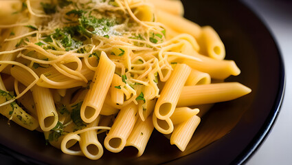 A close-up of a beautifully presented and delicious-looking pasta dish, with sharp details and perfect lighting  with Generative AI