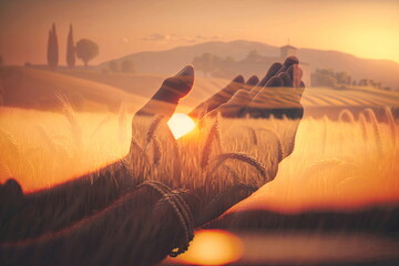 A hand human prays against the backdrop of the sunset