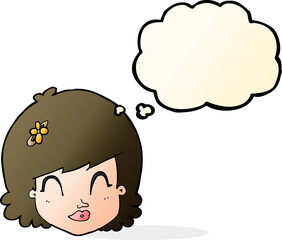 cartoon happy female face with thought bubble