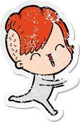 distressed sticker of a cartoon happy hipster girl