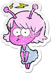 distressed sticker of a cartoon alien girl