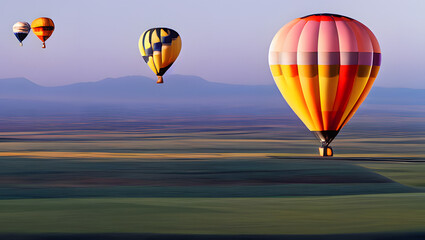 A group of majestic hot air balloons floating over a vast and expansive landscape, with perfect lighting  with Generative AI