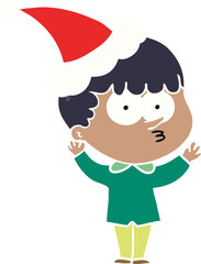 flat color illustration of a curious boy wearing santa hat