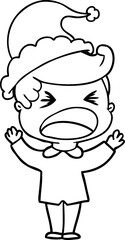 line drawing of a shouting man wearing santa hat