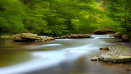 A serene and peaceful river or stream, with soft, diffused lighting and natural colors to create a calming atmosphere with Generative AI