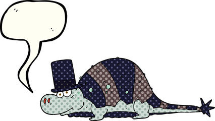 comic book speech bubble cartoon dinosaur in top hat