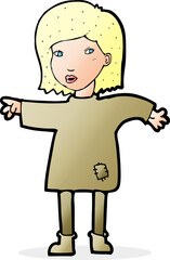 cartoon woman in patched clothing