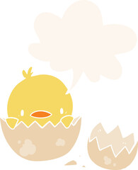 cute cartoon chick hatching from egg and speech bubble in retro style