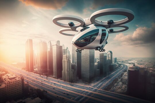 UAM Urban Air Mobility, Public Aerial Transportation, Passenger Autonomous Aerial Vehicle AAV In Futuristic City