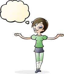 cartoon woman making open arm gesture with thought bubble