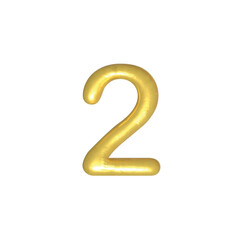 Naklejka premium 2 number gold isolated. Gold yellow metallic numbers. Foil symbol. Bright metallic 3D, realistic vector illustration 