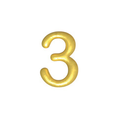 3 number gold isolated. Gold yellow metallic numbers. Foil symbol. Bright metallic 3D, realistic vector illustration
