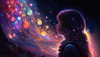 Obraz na płótnie Canvas Illustration shows a youngster gazing up at a galaxy flickering in the night sky as inspiration for a prayer with the themes of hope, love, and peace. Generative Ai.