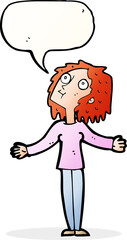 cartoon curious woman looking upwards with speech bubble
