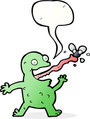 cartoon frog catching fly with speech bubble