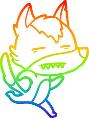 rainbow gradient line drawing cartoon wolf running showing teeth