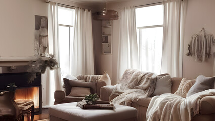 An inviting and cozy living room, with perfect lighting and sharp details to emphasize its comfort and warmth with Generative AI