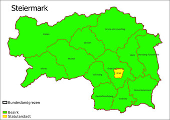 Fototapeta na wymiar Karte Administrative Gliederung Bundesland Steiermark Statutarstadt, Bezirk Österreichkarte