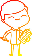 warm gradient line drawing cartoon smiling man with clip board