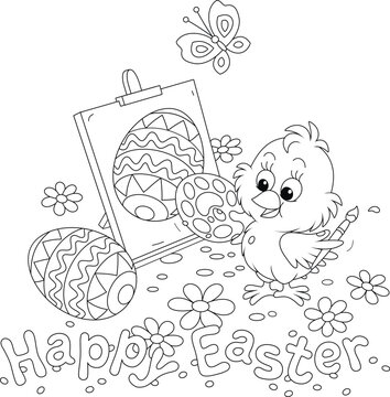 Easter card with a happy little chick drawing a decorated gift egg on an easel on a pretty spring lawn with camomiles, black and white vector cartoon illustration for a coloring book