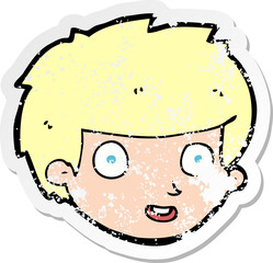 retro distressed sticker of a cartoon happy boys face