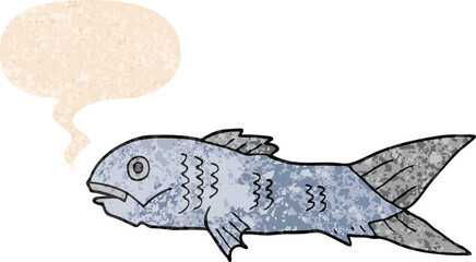 cartoon fish and speech bubble in retro textured style