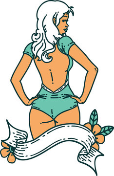 tattoo style icon of a pinup swimsuit girl with banner