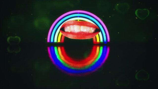 Female Mouth Gestures Rainbow Background Heart Shapes Floating Motion Background. Playful female mouth making expressions in front of a rainbow with floating hearts around. Motion background