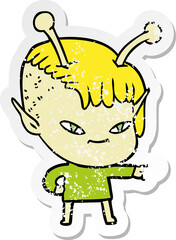 distressed sticker of a cute cartoon alien girl