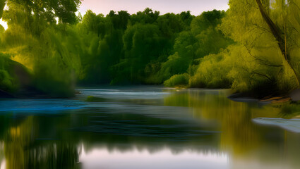 A tranquil and serene river scene, with perfect lighting and sharp details to capture the peacefulness and natural beauty with Generative AI