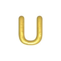 u alphabet letters gold isolated. Gold yellow metallic letter. Alphabetical font. Foil symbol. Bright metallic 3D, realistic vector illustration