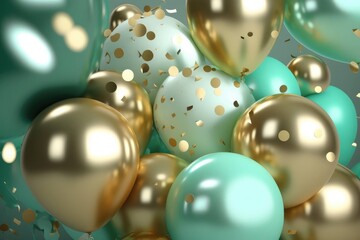 Background of festive mint green balloons, golden confetti and ribbons. Photorealistic drawing generated by AI.