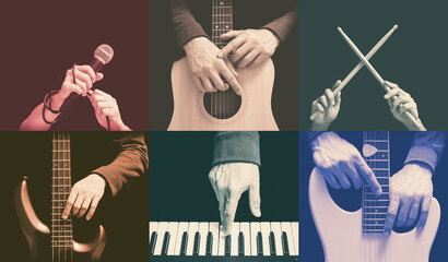 six parts of musician hands playing musical instrument. music background - 572369721