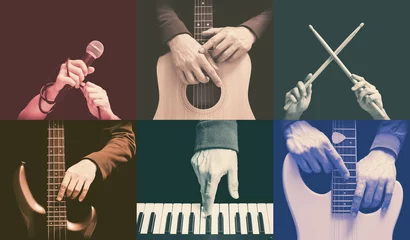 Foto op Canvas six parts of musician hands playing musical instrument. music background © princeoflove