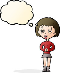cartoon suspicious girl with thought bubble