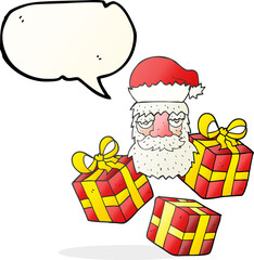 speech bubble cartoon tired santa claus face with presents