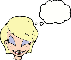 cartoon pretty female face with thought bubble
