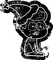 cartoon distressed icon of a staring man wearing santa hat
