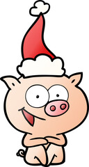 cheerful sitting pig gradient cartoon of a wearing santa hat