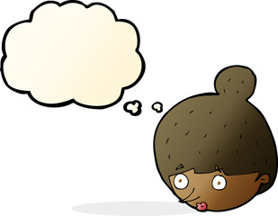 cartoon surprised woman's face with thought bubble